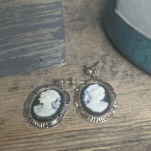 Vintage Black And Cream Cameo Dangle Earrings